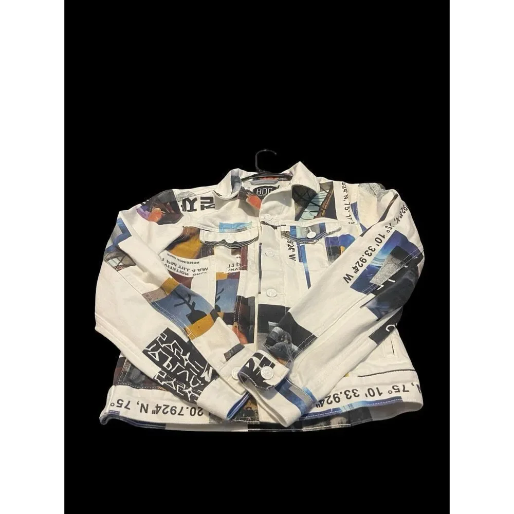 BDG Urban Outfitters Mens White Blue Graphic Print Oversized Denim Jacket Small